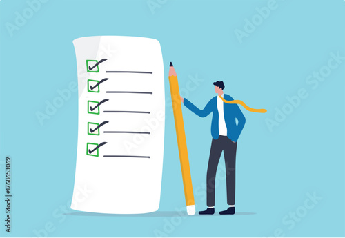 Checklist for work completion, review plan, business strategy or todo list for responsibility and achievement concept, confident businessman standing with pencil after completed all tasks checklist.