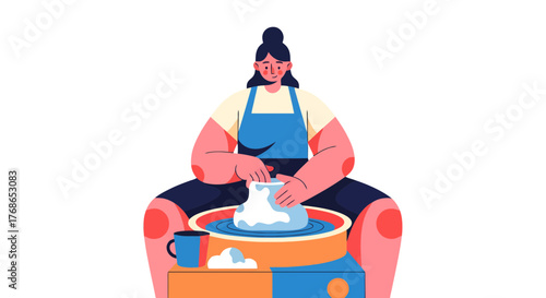 Woman Sculpting Clay Pottery On A Pottery Wheel With A Minimalistic Style Illustration