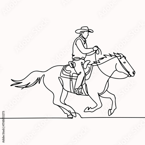 Continuous one line drawing of a cowboy riding a galloping horse in a minimalist Western style