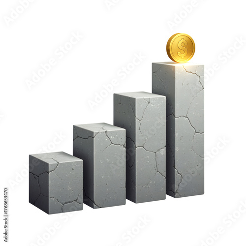 Golden coin rests atop increasing stone pedestals symbolizing financial growth and success isolated on transparent background
