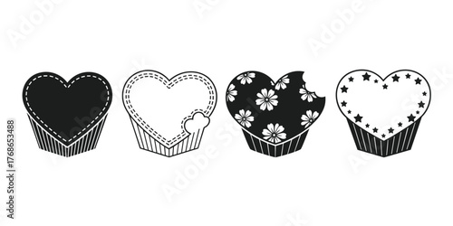Cupcake with heart, sweet dessert silhouette, romantic treat, black and white design, bite detail, cute pastry icon, vector graphic