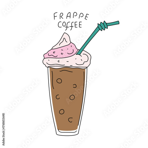 Glass of coffee. Greek frappe drink. Line icon. Hand lettering. Iced coffee dessert. Doodle illustration. Coffee сup.