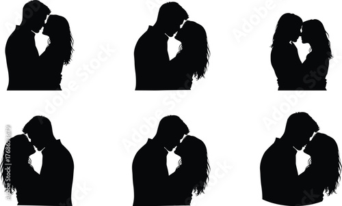 Couple kissing silhouette, romantic pose, love interaction, black vector, emotional moment, intimate gesture, relationship icon, passion symbol, graphic art
