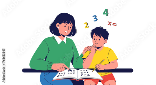 Woman Teaching A Young Boy Mathematics In A Classroom And Solving An Equation Together