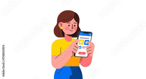 Woman Exploring Mobile Financial Transactions With Modern Phone Technology in Black Space