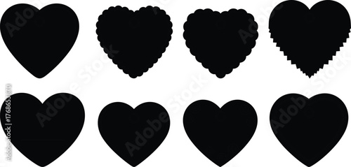 Black heart silhouette set, decorative border variations, cutout and textured designs, love-themed vector icons, Valentine graphic elements pack