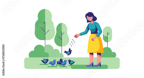 Woman Feeding Birds In Park With Green Trees And Black Background Scene