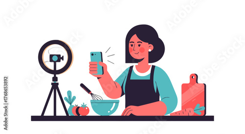 Woman Filming a Cooking Tutorial for Social Media in Modern Illustration Style