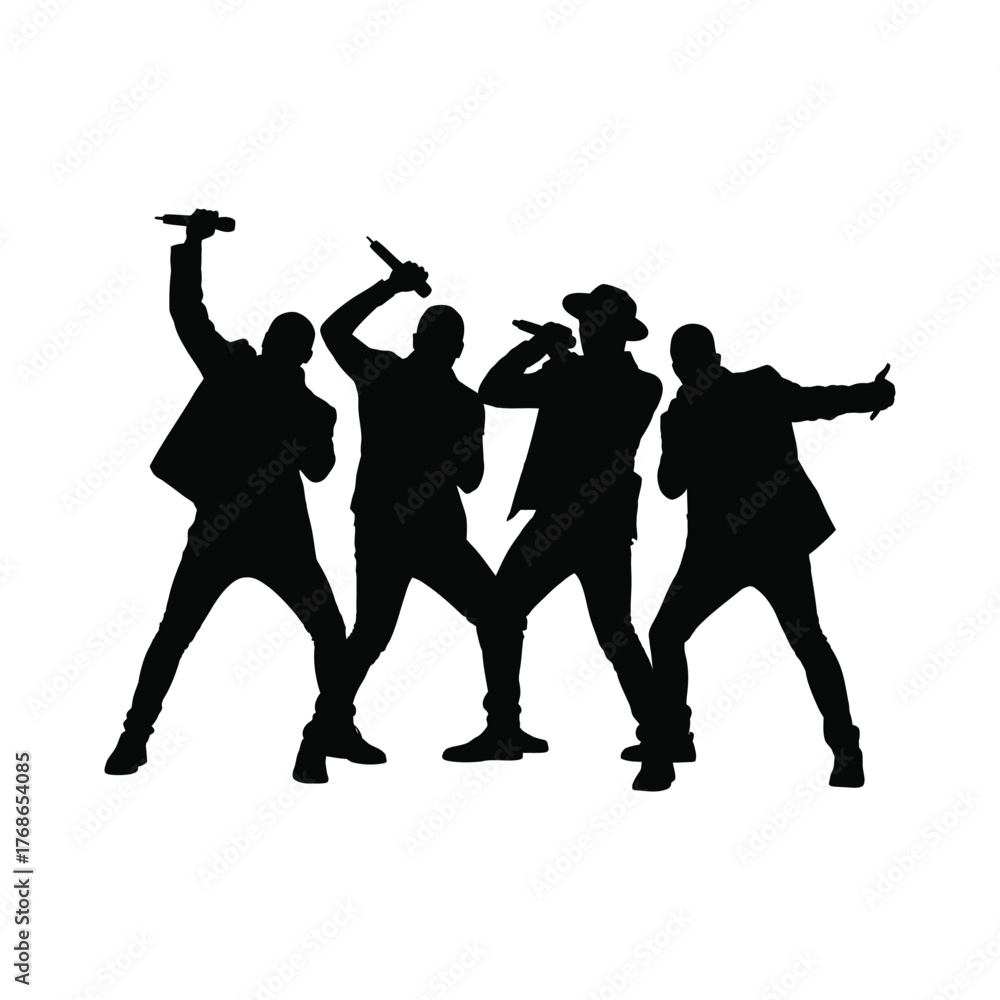 Fototapeta premium Four Rapper Silhouettes Performing with Microphones Energetically