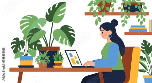 Woman Working Laptop Surrounded Lush Green Plants In Domestic Interior Design Style