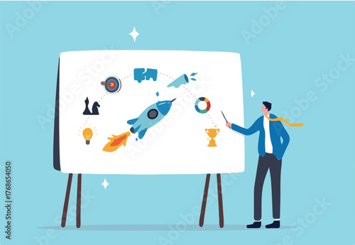Marketing plan, strategy planning to launch product, innovation or idea to develop plan, promotion and advertising, analyze data for success concept, businessman explain marketing plan on whiteboard.