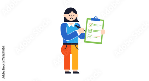 Woman Holding Checklist: Illustration of Task Completion and Project Planning Details