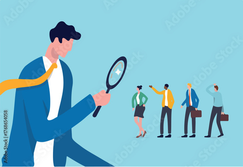 Searching the best candidate or job, Human resources, head hunt, choosing talent for job vacancy or company recruitment concept, employer boss or HR use magnifying glass to choose job interview people