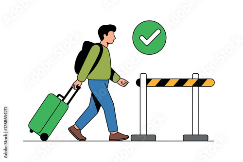 A man with luggage passing through a checkpoint with a green checkmark