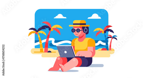 Working Remotely Paradise: Man Enjoys Beach Work While Using Laptop For Productivity