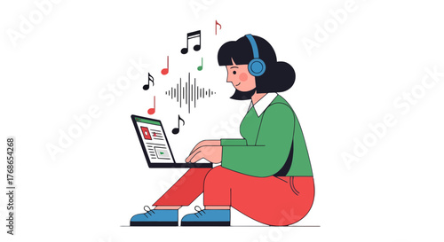 Woman Listening Music And Working On Laptop Connected Through Headphones On Black Background
