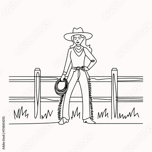A Confident Cowgirl with Lasso Ready for Action, Posing near a Rural Fence