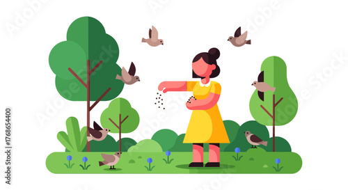Woman Nourishing Birds In A Lush Garden With Greenery and Vibrant Foliage