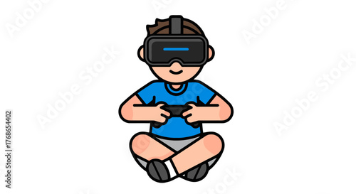 Young Gamer Wearing VR Headset Sits Ready To Enter Virtual Reality World Experience