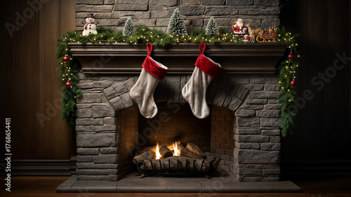 Illustration of a warm and comfy fireplace decorated with stockings, a banner of evergreen needles, plastic Christmas trees, a snowman and Santa Claus, and a sled with a reindeer.