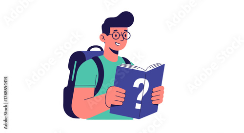 Young Explorer With Backpack Reading Question Mark Book, Knowledge And Travel