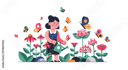 Woman Nurturing Garden Surrounded by Butterflies in Flat Design Style