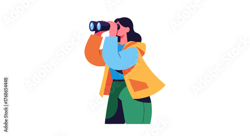 Woman Observing Through Binoculars On Minimalist Background In Outdoor Adventures