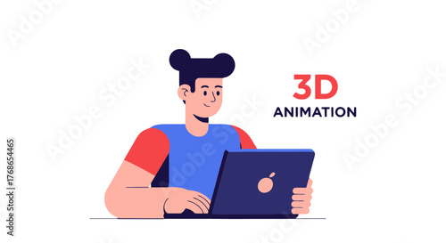 Young Individual Engaged in 3D Animation Work With Computer on a Black Background