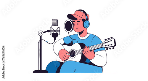 Young Musician Recording Music With Guitar And Microphone In Studio Session