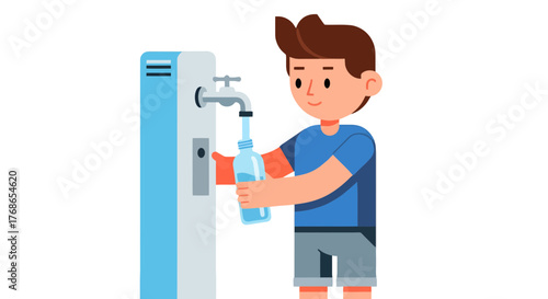Young Person Collecting Fresh Water From Outdoor Fountain, Healthy Lifestyle Concept Illustration