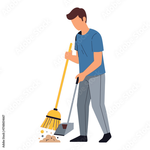 Man sweeping the floor with a broom and dustpan flat vector illustration for cleaning service or household chores isolated on white background