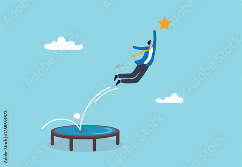 Reach success, improvement or career development, business tools advantage to reach goal or target, growth and achievement concept, businessman bounce on trampoline jump flying high to grab star.