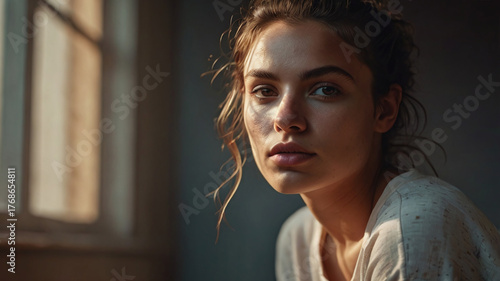 A young woman with fair skin and brown hair gazes thoughtfully towards the viewer, bathed in soft window light.