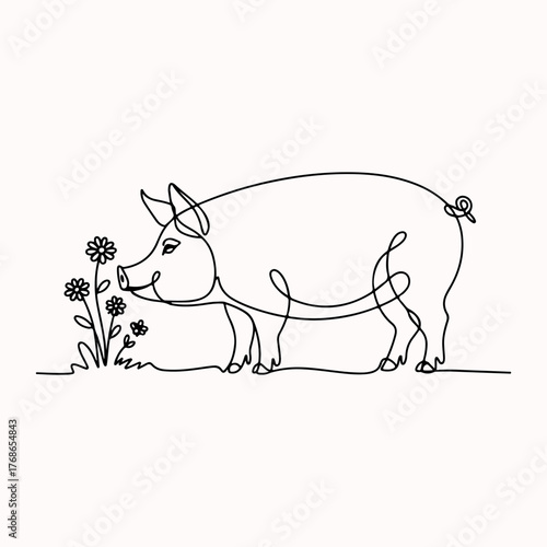 One-line drawing of a charming pig sniffing flowers, minimalist illustration for farming or countryside themes