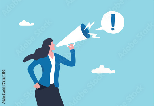 Attention announcement, important message or communicate broadcasting, loudspeaker or exclamation point loud voice concept, confidence businesswoman talking on megaphone with exclamation attention.