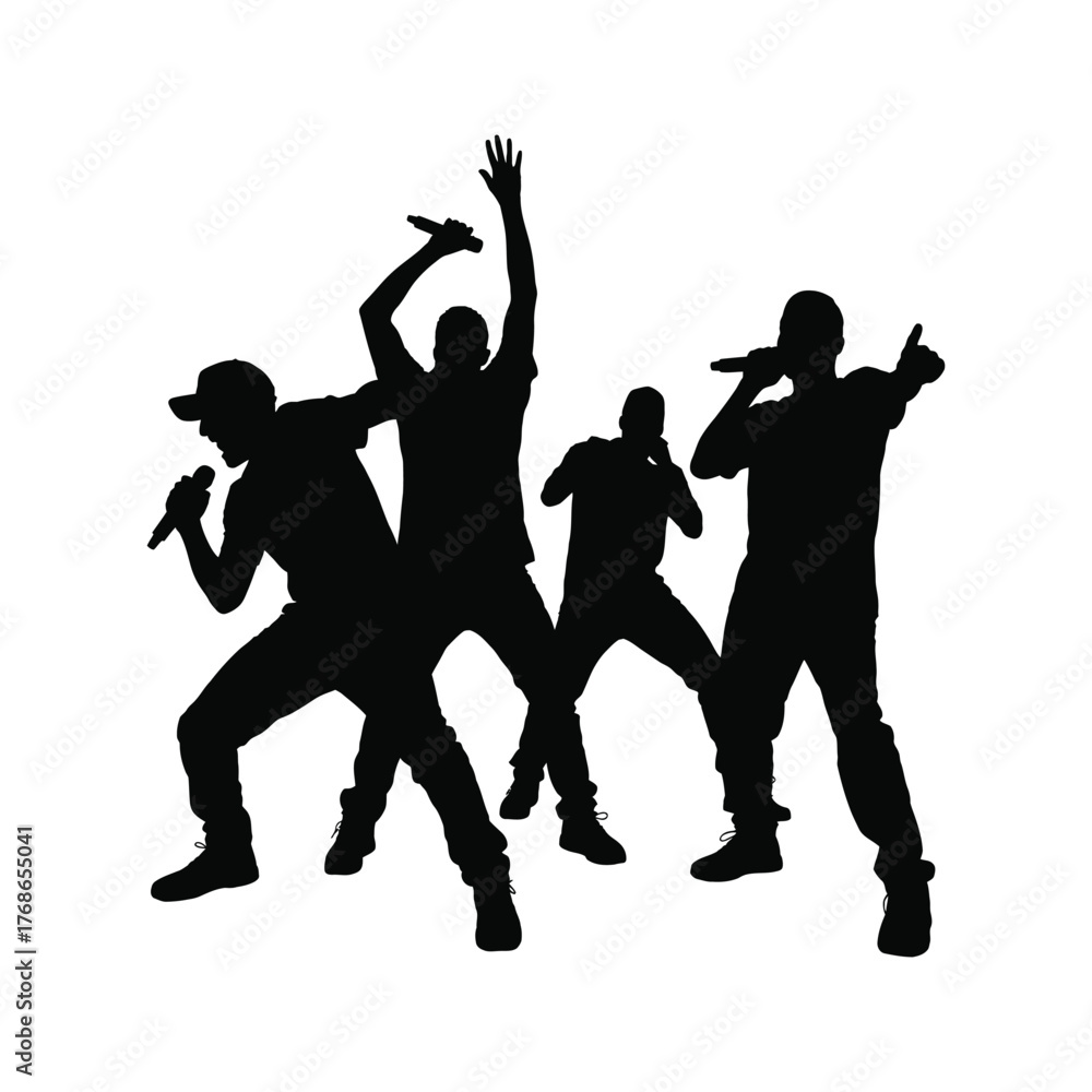 Fototapeta premium Four Rapper Silhouettes Performing with Microphones Energetically