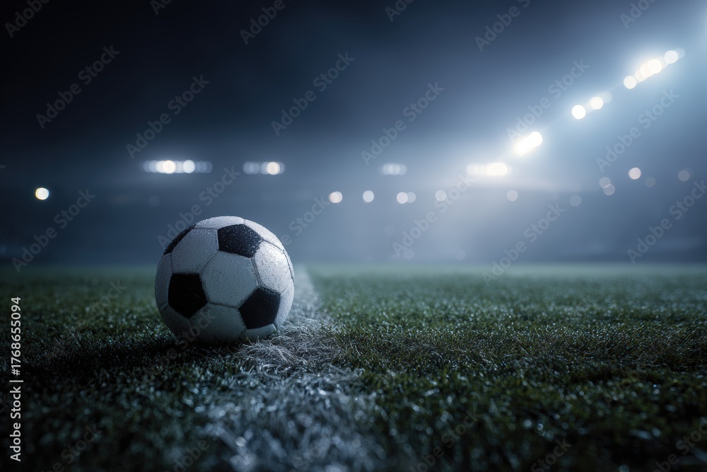Naklejka premium Close-Up of Soccer Ball on Field Line Under Stadium Lights at Night