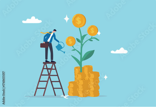 Mutual fund or growing investment, wealth profit growth or earning increase, savings or wealth management, pension fund concept, businessman investor watering stack dollar coin to grow money plant.