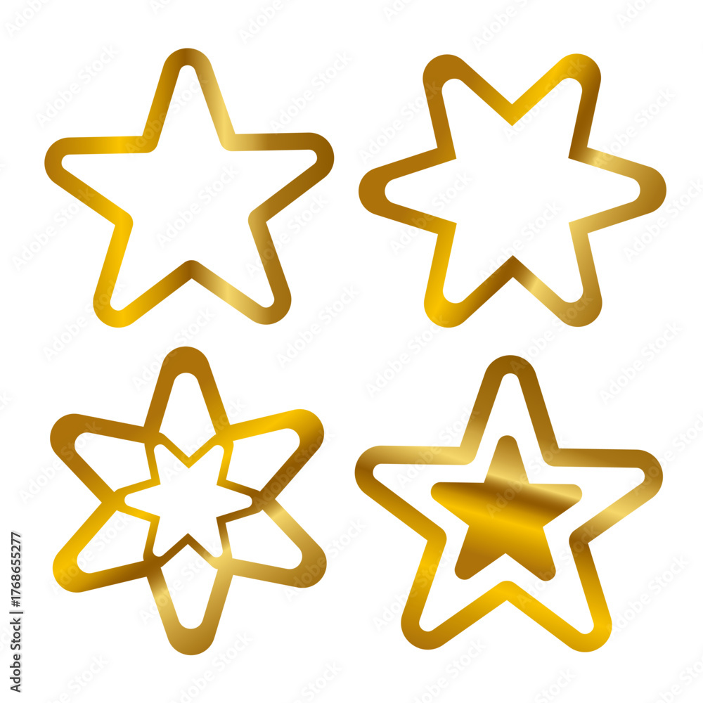 Obraz premium Golden star icon set: four unique metallic star outlines for modern designs.