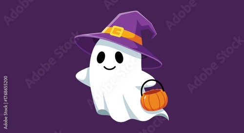 Cute ghost with witch hat and candy bucket, Halloween illustration