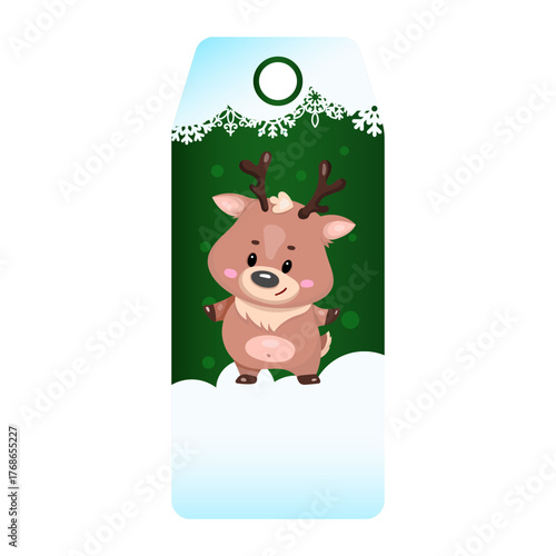 Cute reindeer gift tag with festive winter design and snowy background.