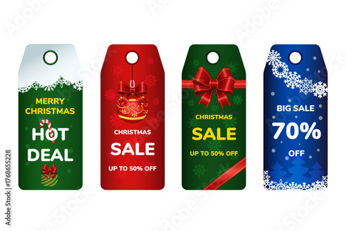 Festive christmas sale tags with holiday discount offers and decorative designs.