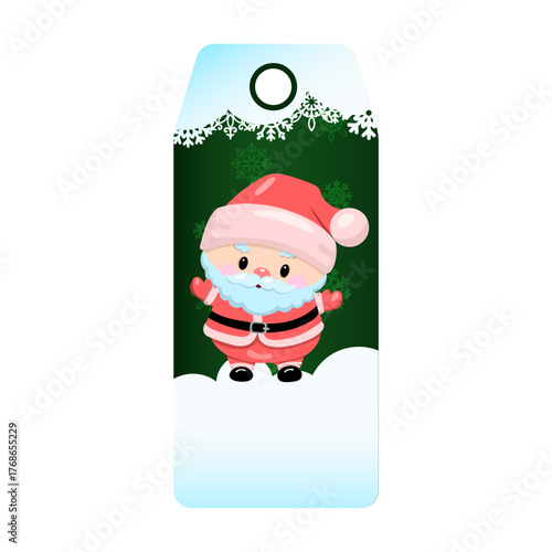 Cute santa claus tag with snowflakes and holiday background for christmas gift wrapping.