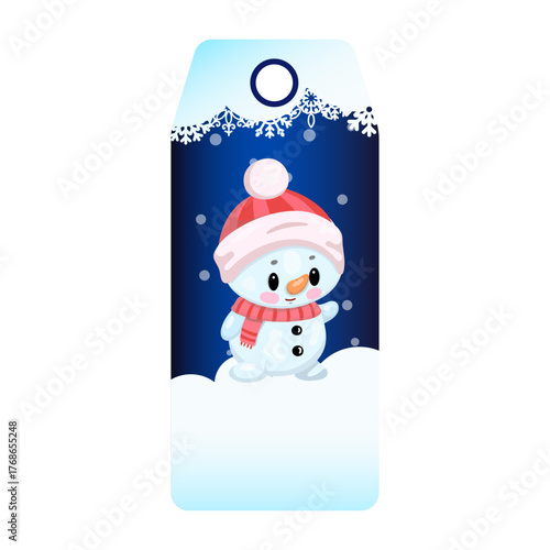 Adorable snowman on festive winter gift tag with red hat and scarf.