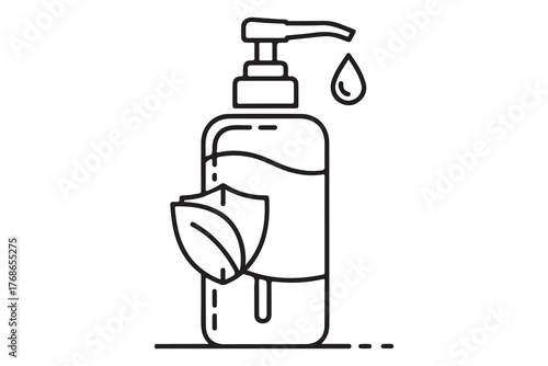 Line art illustration of a hand sanitizer bottle with a protective shield and leaf symbol isolated on white background