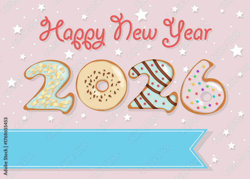 Fototapeta premium Donuts New Year 2026 Greeting. The numbers are as sweet donuts adorned with creamy swirls and nutty decorations. Background with confetti. A banner with place for text, a red cream text Happy New Year