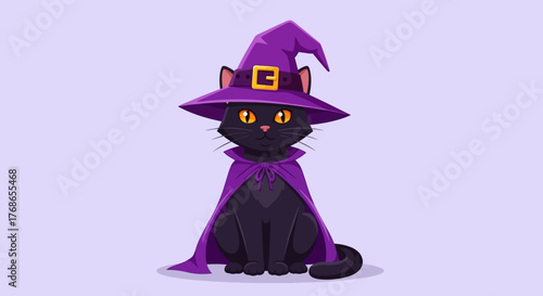 Adorable black cat dressed as a witch for Halloween, wearing a pointy hat and cape, perfect for spooky or festive designs
