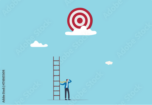 Mistake and error causing business problem and missing goal, disappointment or mission fail, hopeless on unreachable target concept, hopelessness businessman with too short ladder cannot reach target.