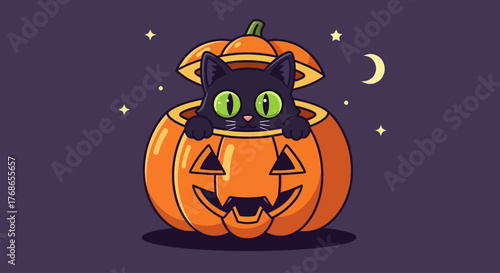 Spooky Black Cat Peeking Out of a Jack-o'-Lantern with Stars and Moon Background - Halloween Celebration
