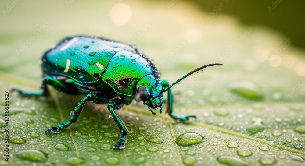 Naklejka premium A metallic green beetle covered in water droplets on a green leaf